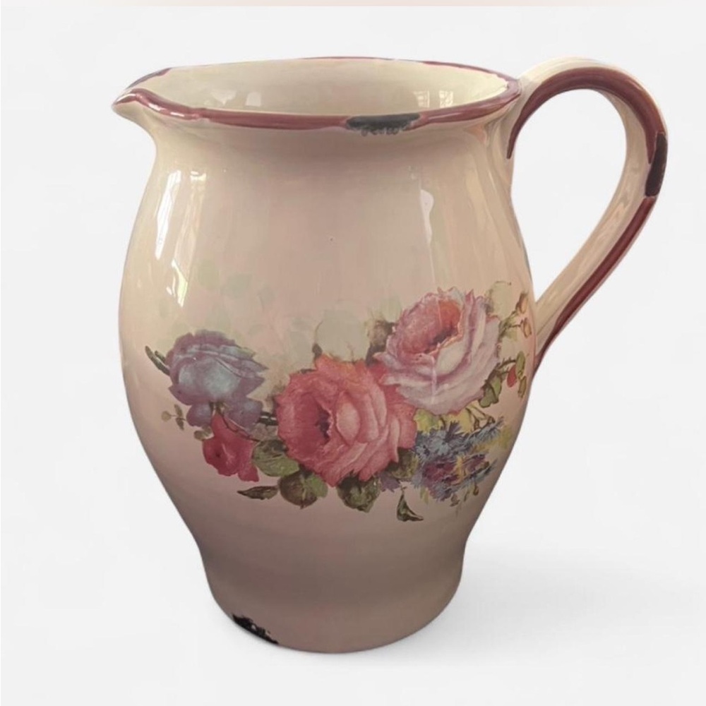 Ceramiche Virginia Floral Cream Pitcher, rustic vintage-inspired